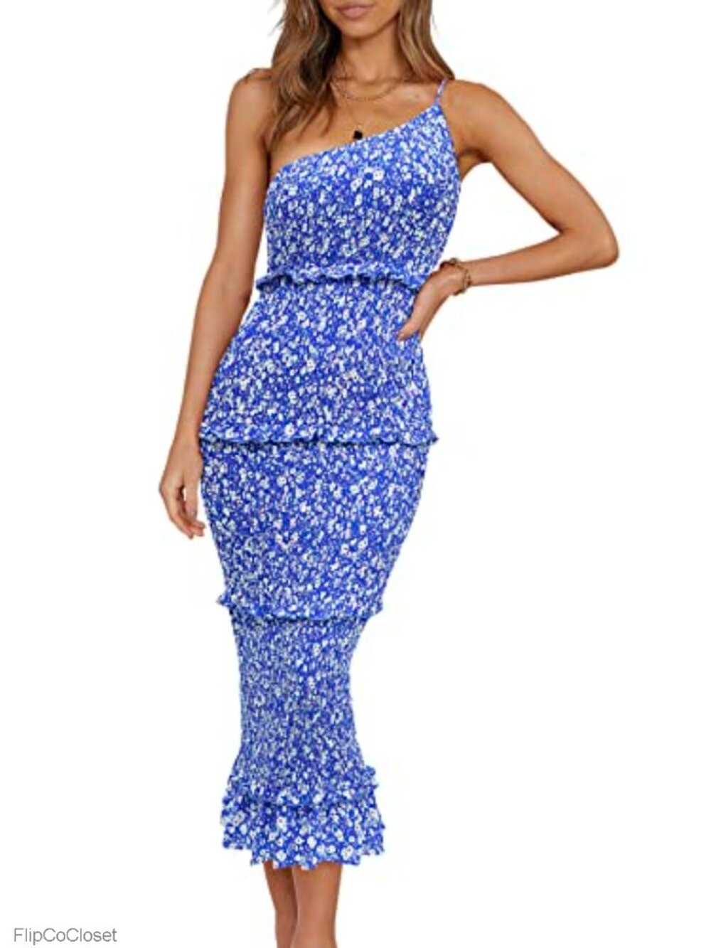 One Shoulder Bodycon Midi Dress Floral Boho Ruffle Summer
